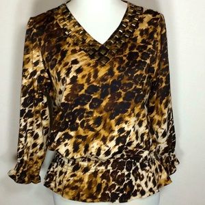 Animal Print Top w/Stud Detailed Neckline
